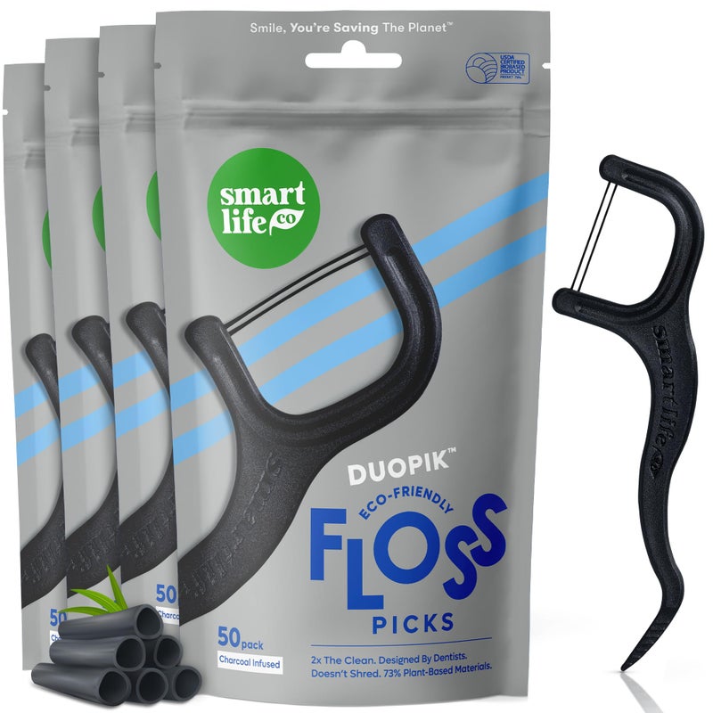 SmartLifeco EcoFriendly DualThread Dental Floss Picks 200ct Flossers Made with Straw Wheat Blend Natural Teeth Whitening Tooth Pick Stick for Adults Activated Bamboo Charcoal Floss Thread
